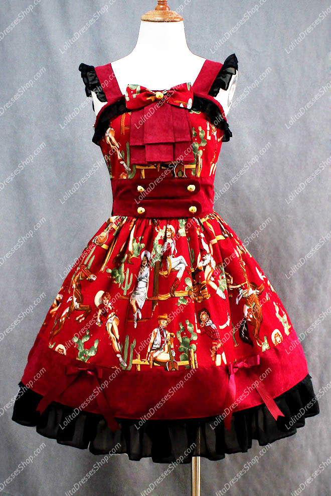 Western Girls Elegant Popular Red Cotton Square Neck Cap Sleeve Lolita Dress