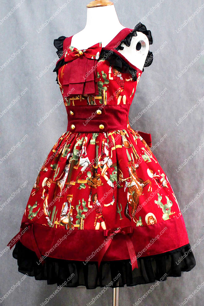 Western Girls Elegant Popular Red Cotton Square Neck Cap Sleeve Lolita Dress