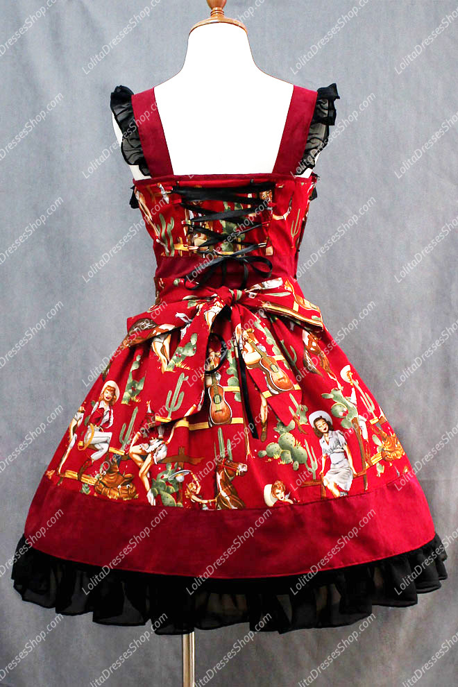 Western Girls Elegant Popular Red Cotton Square Neck Cap Sleeve Lolita Dress