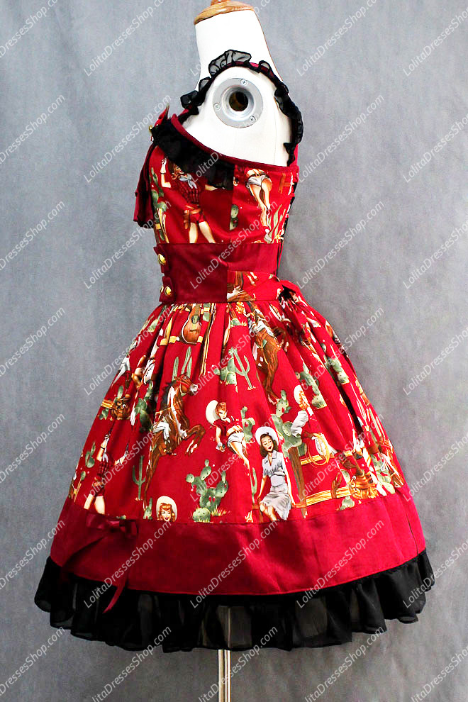 Western Girls Elegant Popular Red Cotton Square Neck Cap Sleeve Lolita Dress
