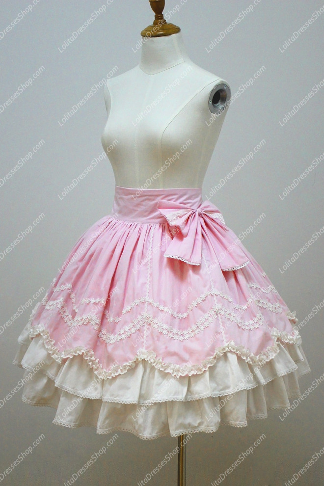 Pink Cotton Lace Trim Multilayer Flouncing Sweet Lolita Skirt