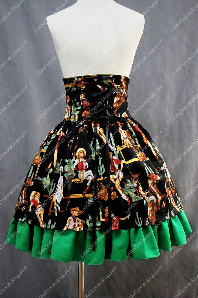 Black and Green Printing Flouncing Girls Sweet Lolita Skirt