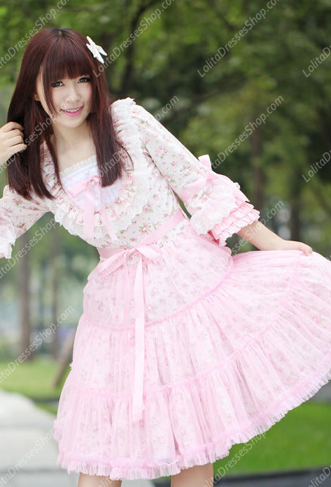 Pink Lace Square Neck Ruffles Small Pieces Flowers Sweet Lolita Dress