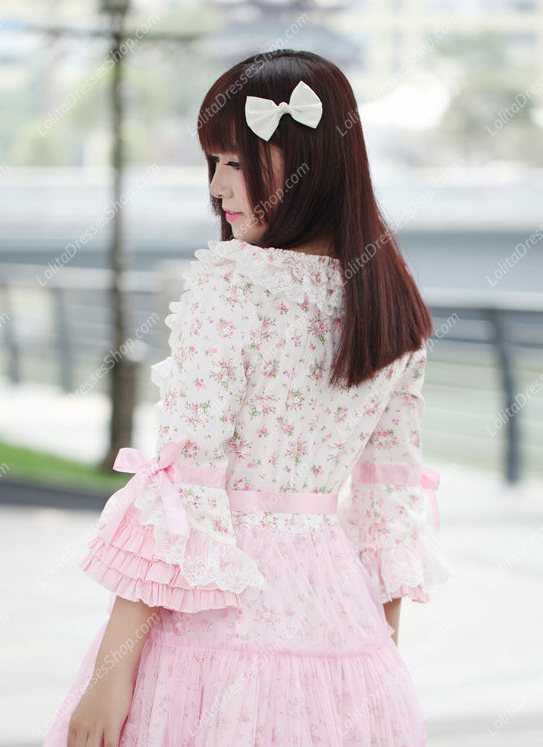 Pink Lace Square Neck Ruffles Small Pieces Flowers Sweet Lolita Dress