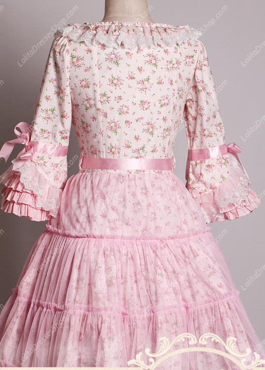 Pink Lace Square Neck Ruffles Small Pieces Flowers Sweet Lolita Dress