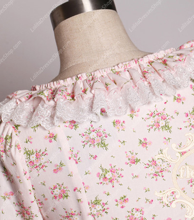 Pink Lace Square Neck Ruffles Small Pieces Flowers Sweet Lolita Dress