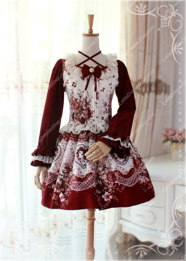 Red Wine Square Neck Long Sleeves Printing China Style Lolita Dress