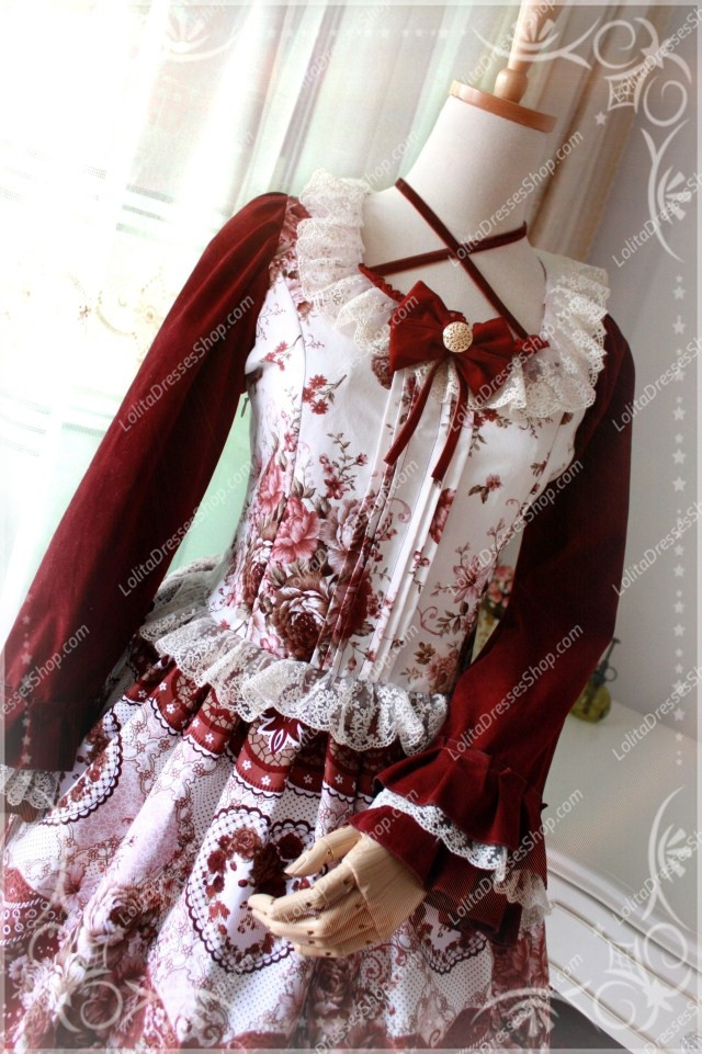Red Wine Square Neck Long Sleeves Printing China Style Lolita Dress
