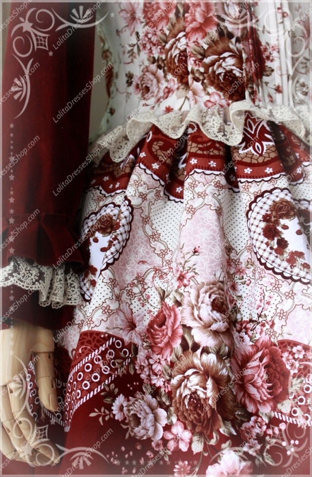 Red Wine Square Neck Long Sleeves Printing China Style Lolita Dress