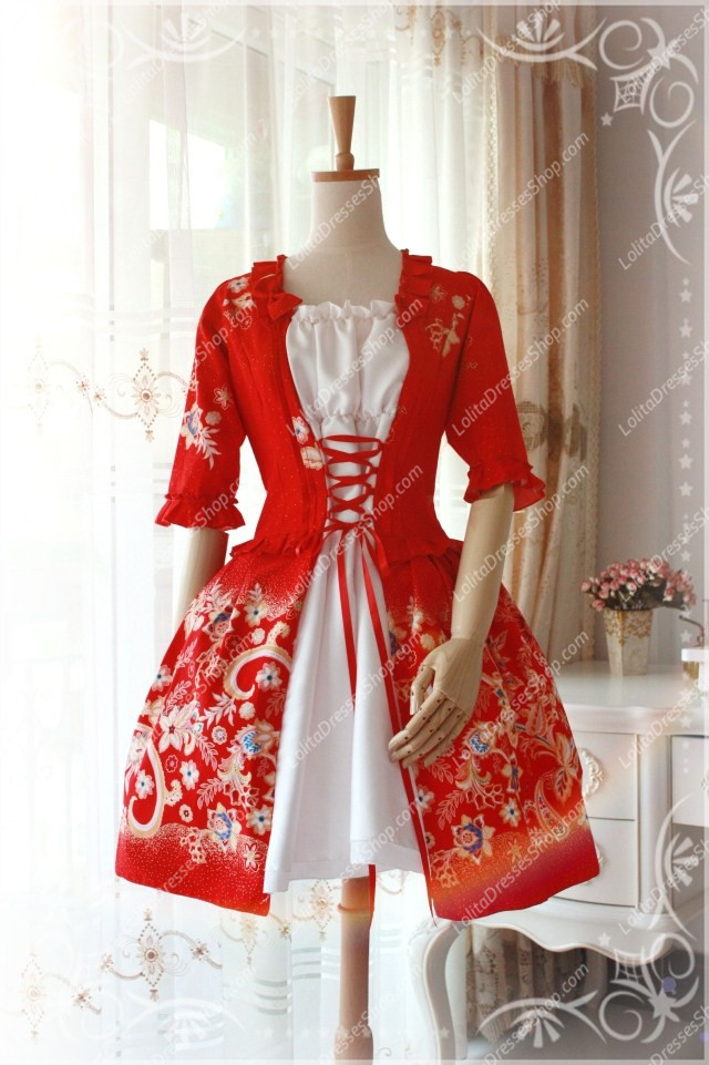 Red Cotton Square Neck Elbow Sleeve Splice China Style Lolita Dress