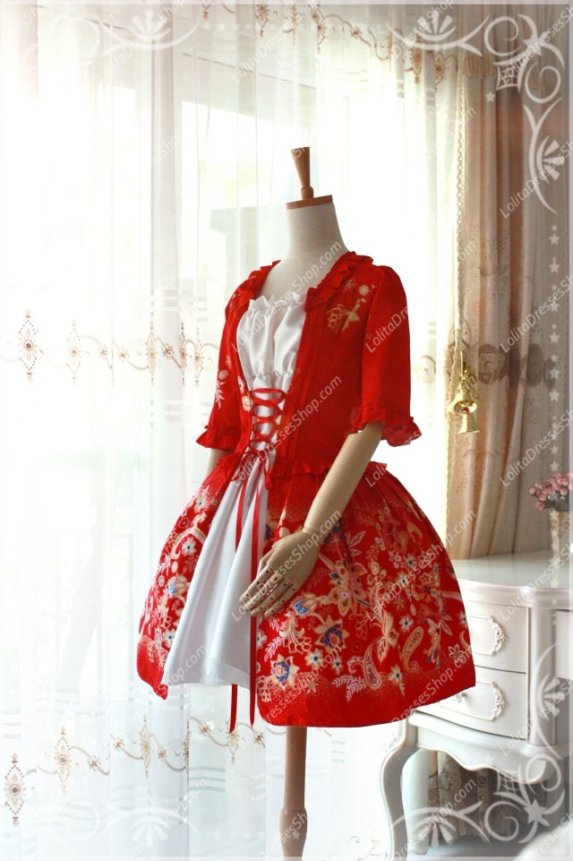 Red Cotton Square Neck Elbow Sleeve Splice China Style Lolita Dress