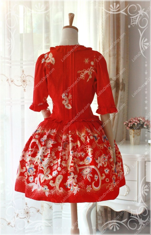 Red Cotton Square Neck Elbow Sleeve Splice China Style Lolita Dress