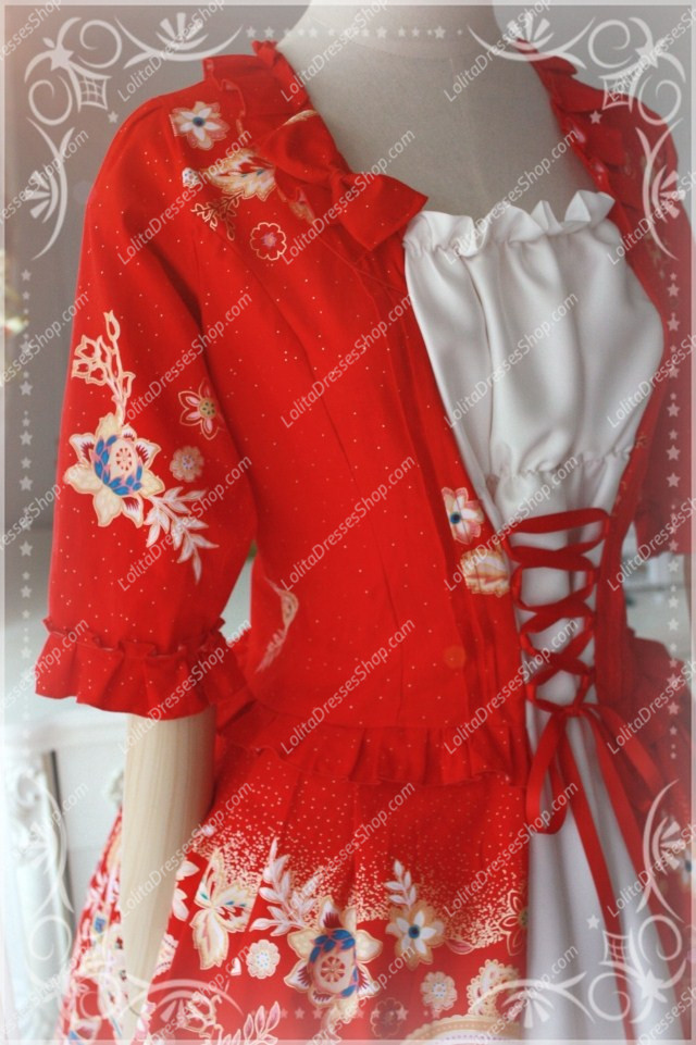 Red Cotton Square Neck Elbow Sleeve Splice China Style Lolita Dress