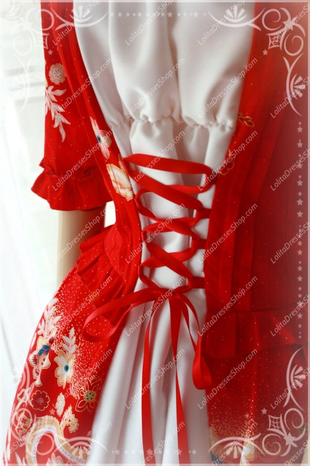 Red Cotton Square Neck Elbow Sleeve Splice China Style Lolita Dress