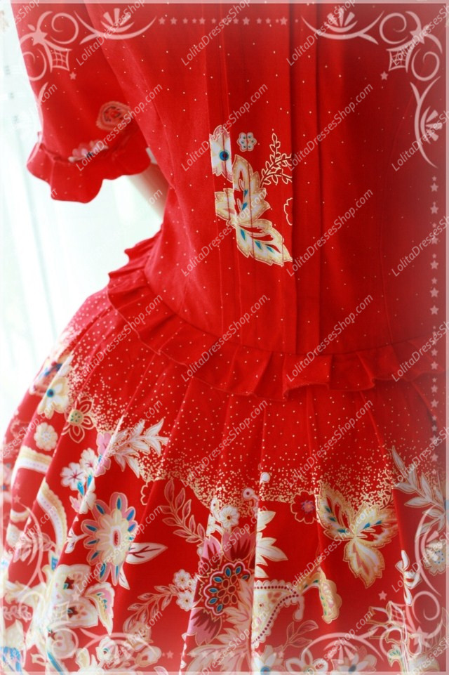 Red Cotton Square Neck Elbow Sleeve Splice China Style Lolita Dress