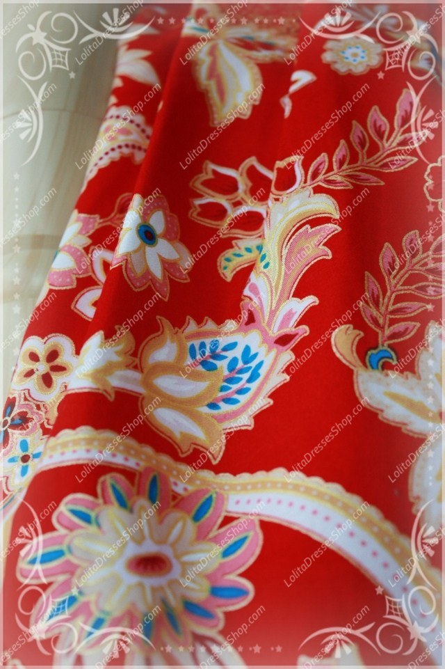 Red Cotton Square Neck Elbow Sleeve Splice China Style Lolita Dress