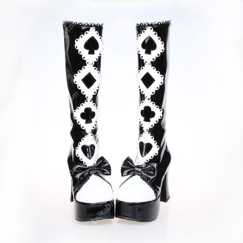 Black and White High Heel Bow and Poker PU Lolita Boots