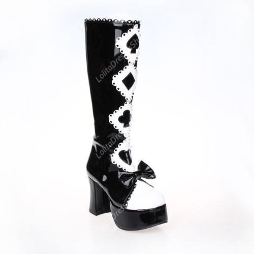 Black and White High Heel Bow and Poker PU Lolita Boots