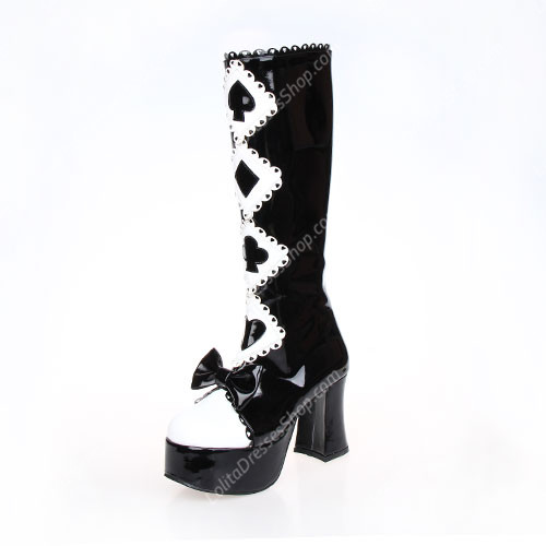 Black and White High Heel Bow and Poker PU Lolita Boots