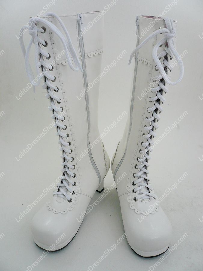 Plain White Lacing PU Lolita Boots