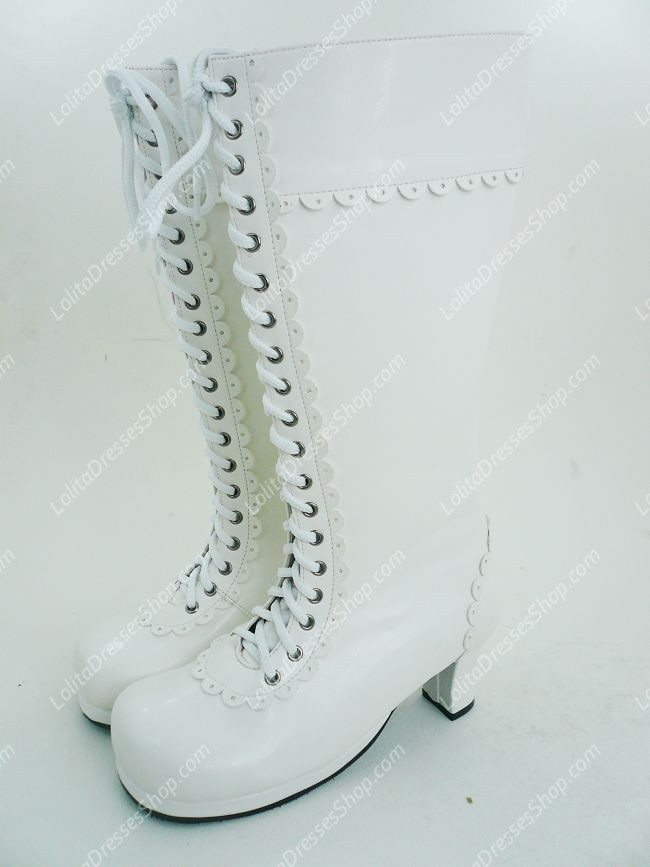 Plain White Lacing PU Lolita Boots