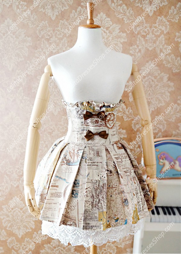 Maps Printed Pleated Waist Fish Bones Lolita Skirt