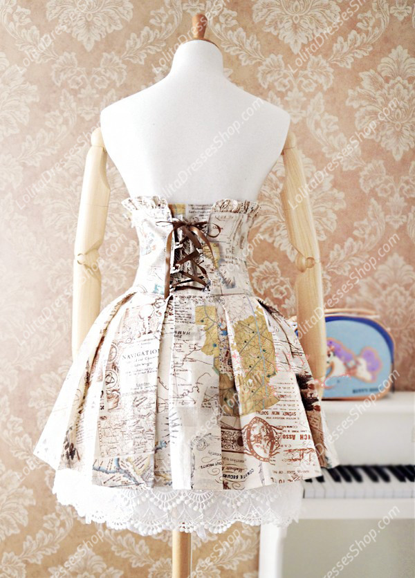 Maps Printed Pleated Waist Fish Bones Lolita Skirt