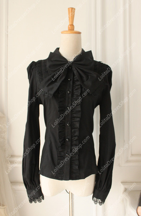 Black Cotton Lapel Long Sleeve Lace Trim Bowknot Lolita Blouse
