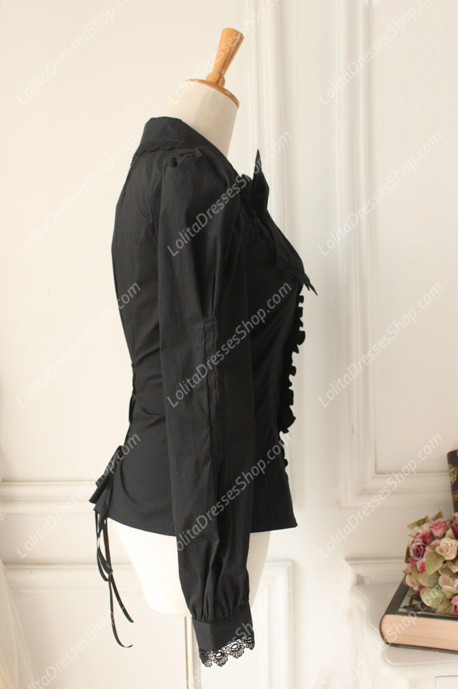 Black Cotton Lapel Long Sleeve Lace Trim Bowknot Lolita Blouse