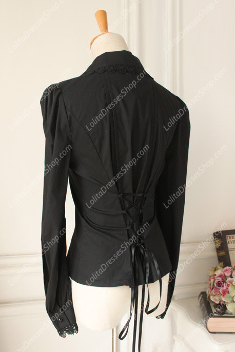 Black Cotton Lapel Long Sleeve Lace Trim Bowknot Lolita Blouse