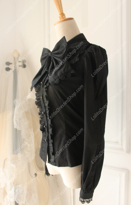 Black Cotton Lapel Long Sleeve Lace Trim Bowknot Lolita Blouse