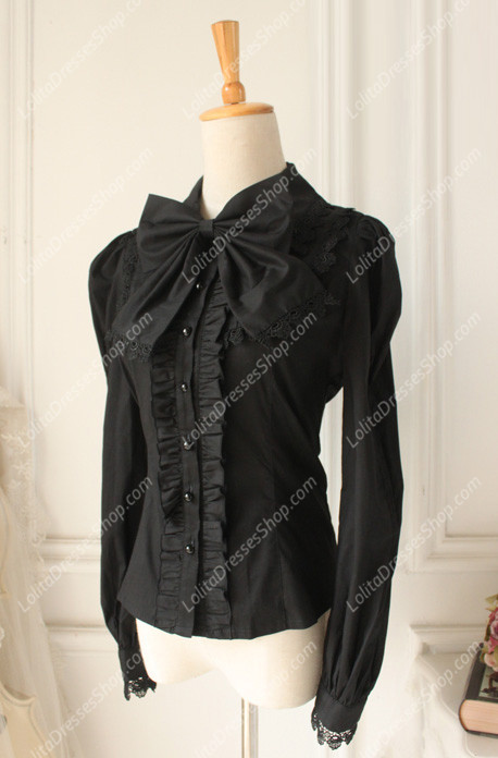 Black Cotton Lapel Long Sleeve Lace Trim Bowknot Lolita Blouse