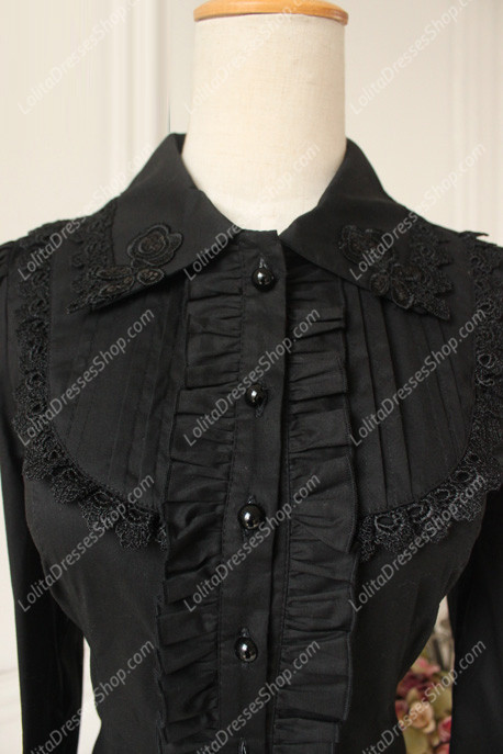 Black Cotton Lapel Long Sleeve Lace Trim Bowknot Lolita Blouse