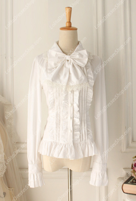 White Cotton Lapel Long Sleeve Lace Trim Bowknot Lolita Blouse