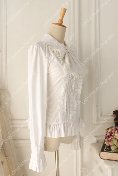 White Cotton Lapel Long Sleeve Lace Trim Bowknot Lolita Blouse