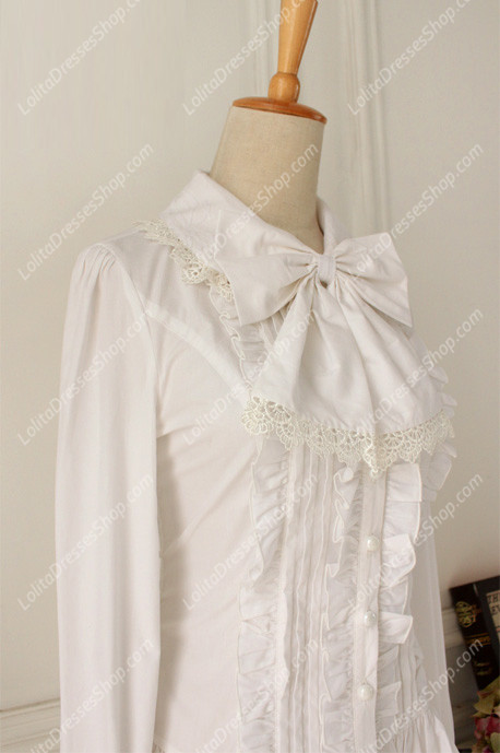 White Cotton Lapel Long Sleeve Lace Trim Bowknot Lolita Blouse