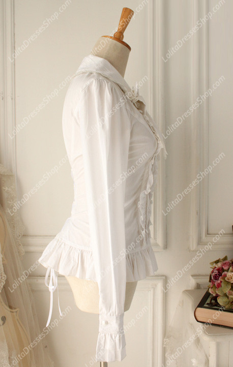 White Cotton Lapel Long Sleeve Lace Trim Bowknot Lolita Blouse