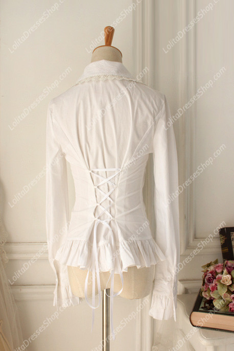 White Cotton Lapel Long Sleeve Lace Trim Bowknot Lolita Blouse