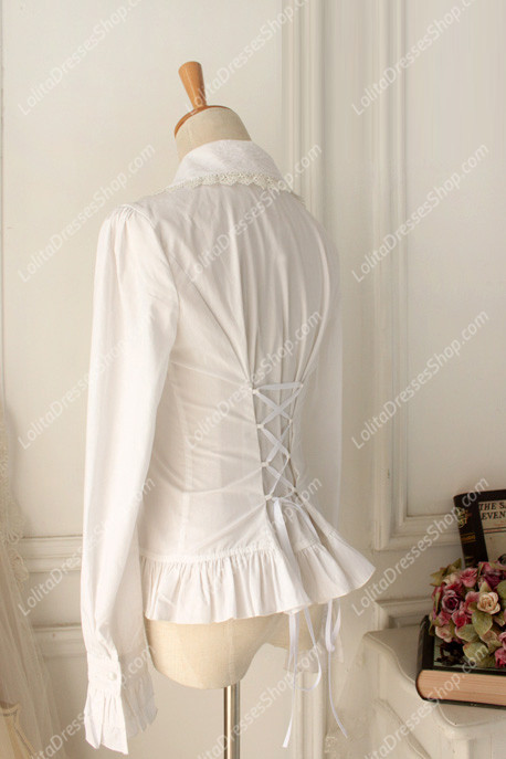 White Cotton Lapel Long Sleeve Lace Trim Bowknot Lolita Blouse