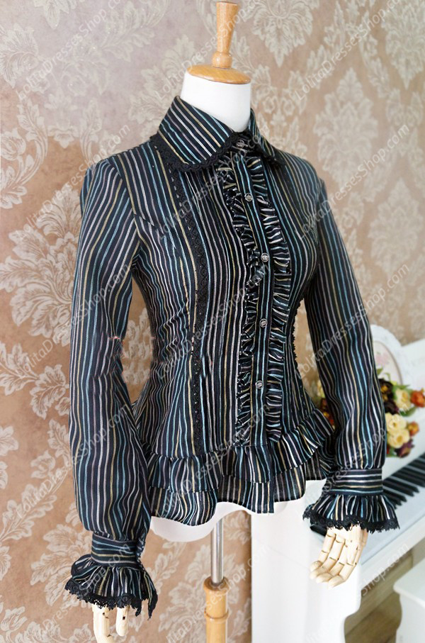 Black Cotton and Linen Lapel Long Sleeve Lace Trim Lolita