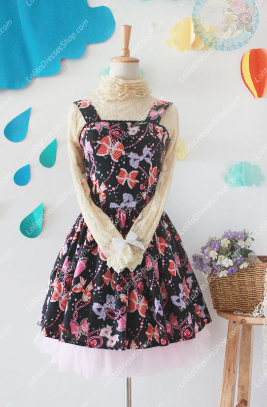 Black Cotton Square Neck Sleeveless Bowknot Printing Sweet Lolita