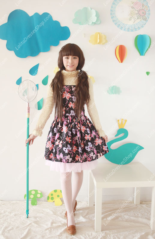 Black Cotton Square Neck Sleeveless Bowknot Printing Sweet Lolita