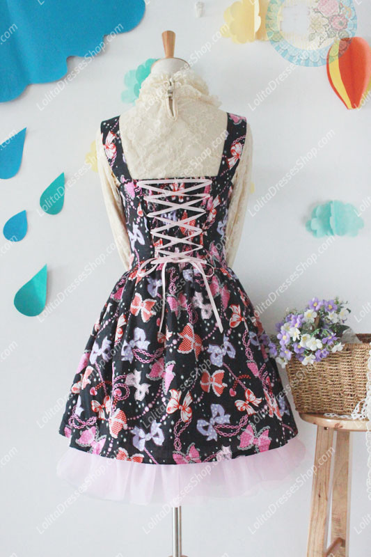 Black Cotton Square Neck Sleeveless Bowknot Printing Sweet Lolita