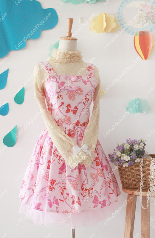 Pink Cotton Square Neck Sleeveless Bowknot Printing Sweet Lolita