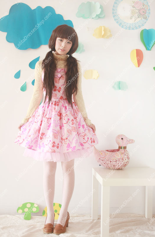 Pink Cotton Square Neck Sleeveless Bowknot Printing Sweet Lolita