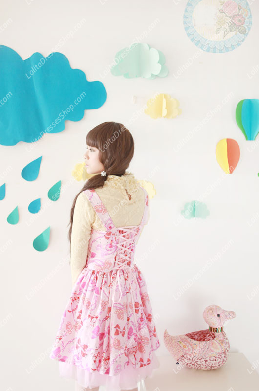 Pink Cotton Square Neck Sleeveless Bowknot Printing Sweet Lolita