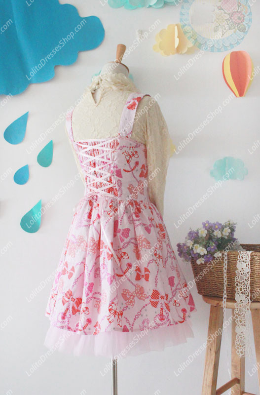 Pink Cotton Square Neck Sleeveless Bowknot Printing Sweet Lolita