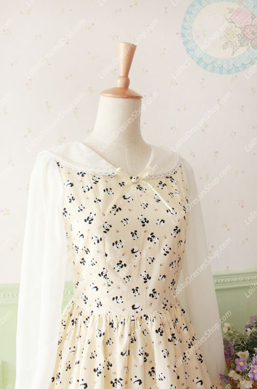 Beige Cotton Doll Collar Long Sleeve Panda Printing Sweet Lolita