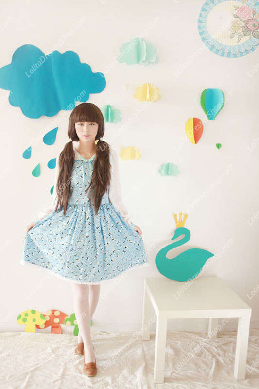 Blue Cotton Doll Collar Long Sleeve Panda Printing Sweet Lolita