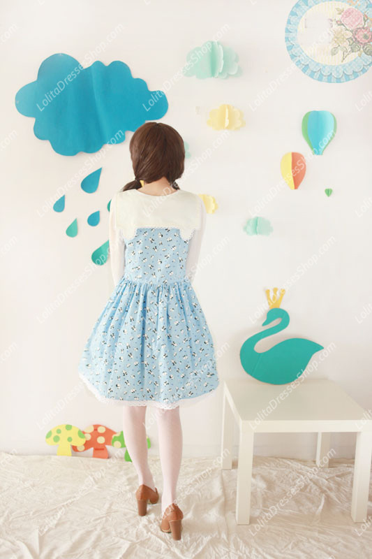 Blue Cotton Doll Collar Long Sleeve Panda Printing Sweet Lolita